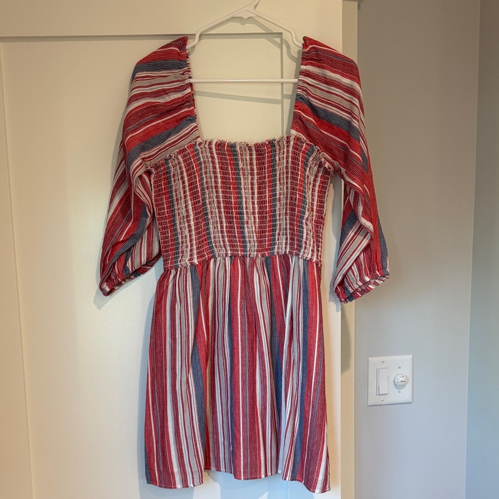 En Creme Striped Mini Dress in Red and Blue
